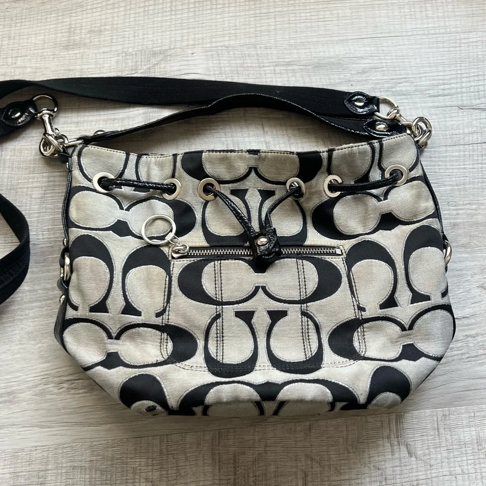 Coach Poppy Metallic Cinch Bucket Bag Black Gray Shoulder Crossbody Bag 17930